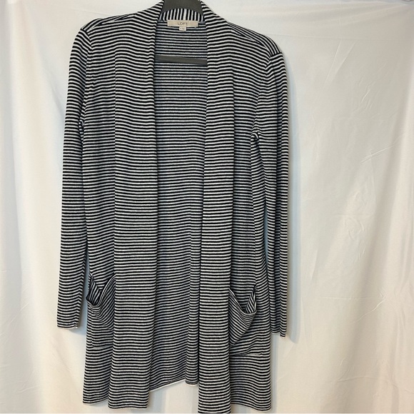 LOFT Sweaters - LOFT Cardigan Size Med Black White Striped Long Open Front‎ Pockets Linen Blend